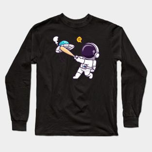 Cute Astronaut Smash UFO With Baseball Stick Cartoon Long Sleeve T-Shirt